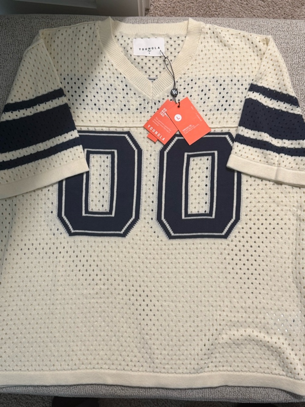 YoungLA Cream Mesh Jersey with Navy Stripes and
